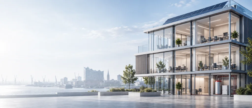 3D-Architekturvisualisierung eines modernen Gebäudes mit transparenter Fassade, sichtbarer Heizungs- und Gebäudetechnik sowie Photovoltaik