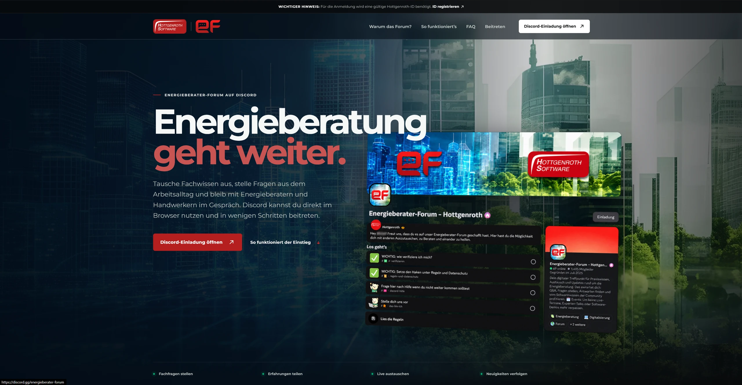Hero der Energieberater-Forum-Landingpage mit Discord-Einladung