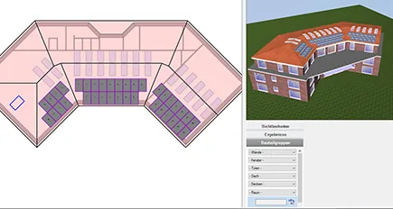PV-Belegungsplan auf der Dachfläche und 3D-Gebäudemodell im ETU-Planer