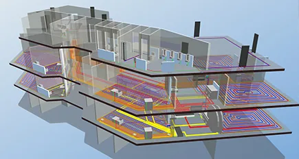 Mehrgeschossiges 3D-Gebäudemodell mit Verlegeplänen der Fußbodenheizung