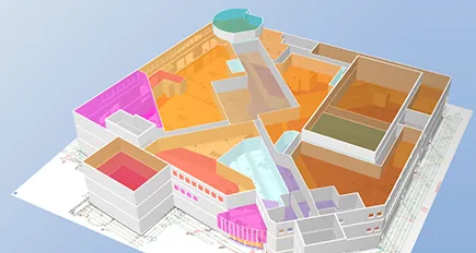 3D-Gebäudemodell mit farbig markierten Zonen in HottCAD