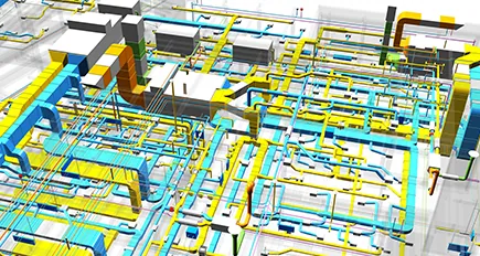 3D-Rohrnetzplanung für Heizung und Trinkwasser mit farbig dargestellten Leitungen