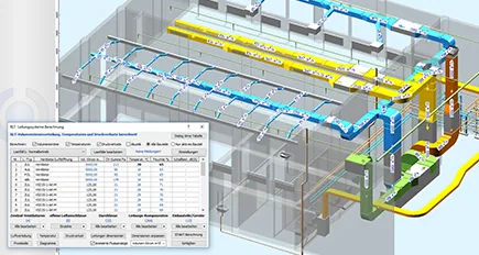 RUKON: Lüftungskanalnetz in 3D mit Tabelle der Druckverlustberechnung