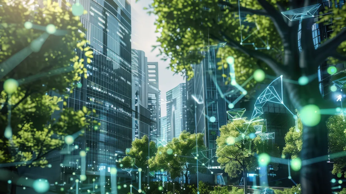 Bürogebäude und Stadtbäume mit digital eingezeichnetem Datennetz als Symbol für energetische Gebäudemodernisierung