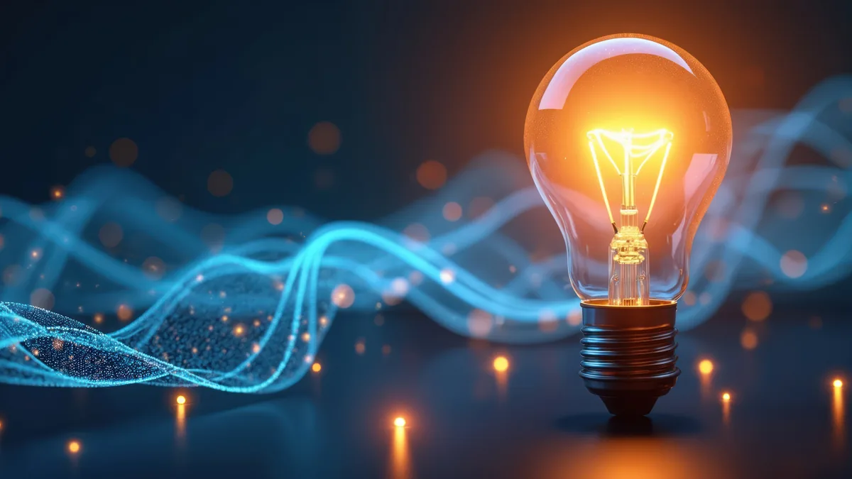 Leuchtende Glühbirne vor blauen digital gezeichneten Energiewellen als Symbol für neue Impulse in der Energie- und Baubranche
