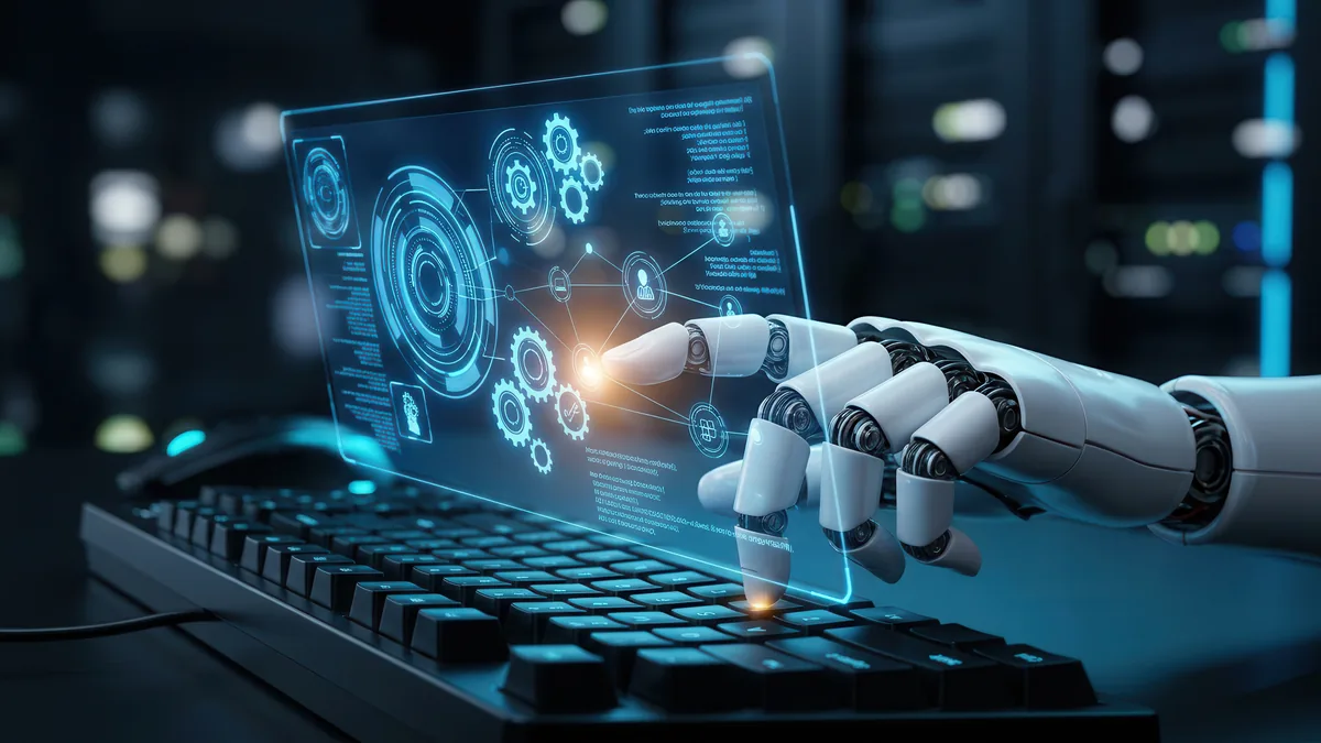 Weiße Roboterhand bedient eine schwebende transparente Bildschirmfläche mit Zahnrädern und vernetzten Datenpunkten über einer Computertastatur