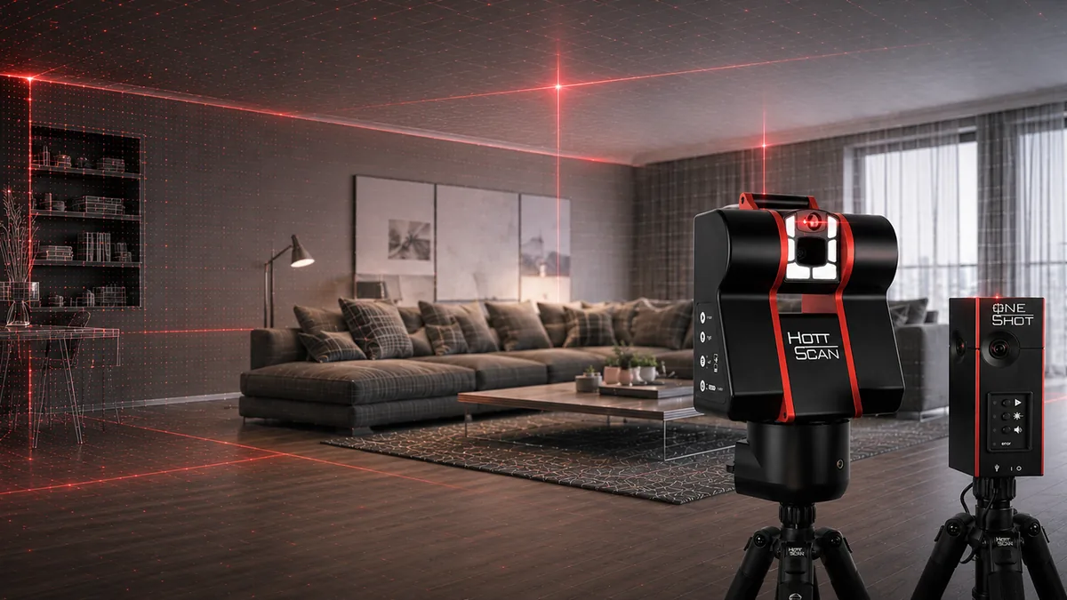 Die Raumscanner HottScan und OneSHOT stehen auf Stativen in einem Wohnzimmer und vermessen den Raum mit roten Laserlinien