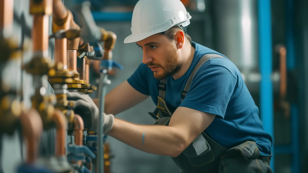 Handwerker in Arbeitskleidung und Helm justiert Ventile und Kupferrohre einer Heizungsanlage