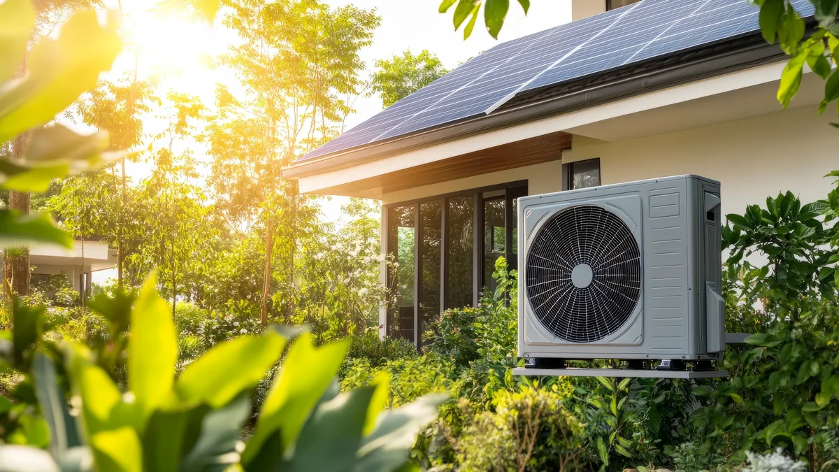 Außeneinheit einer Luft-Wasser-Wärmepumpe im bepflanzten Garten neben einem Wohnhaus mit Photovoltaikdach