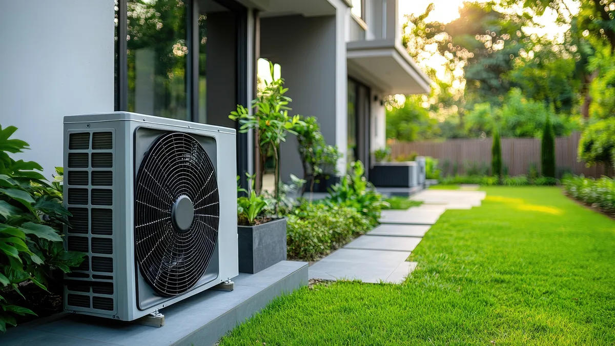 Außeneinheit einer Wärmepumpe vor einem modernen Wohnhaus mit Garten