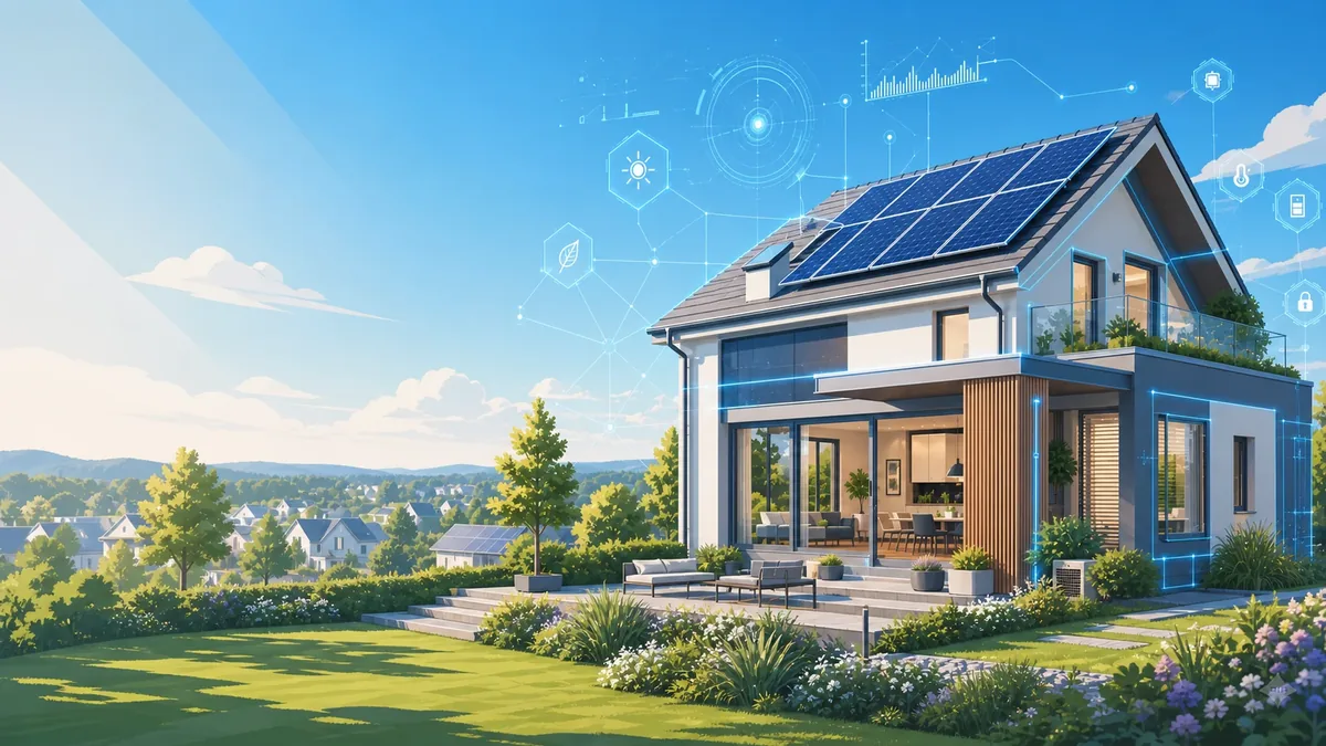 Modernes Einfamilienhaus mit Photovoltaikanlage auf dem Dach, darüber digital eingeblendete Gebäude- und Energiedaten als vernetzte Symbole