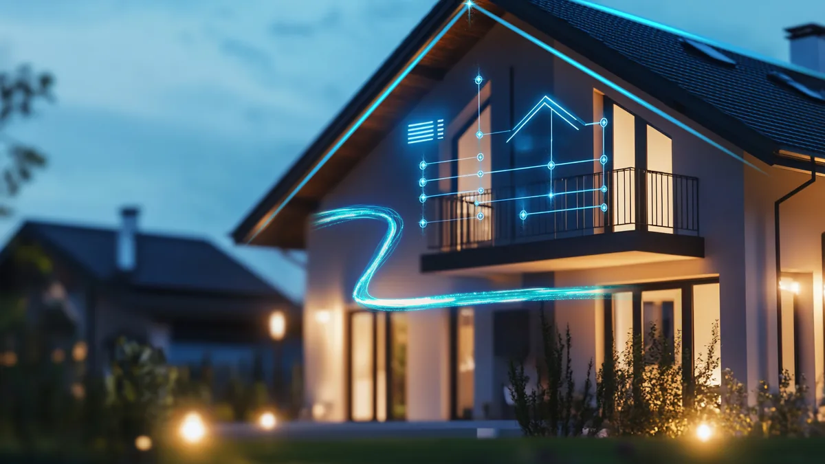 Modernes Wohnhaus in der Dämmerung mit digital eingeblendeten Gebäudedaten