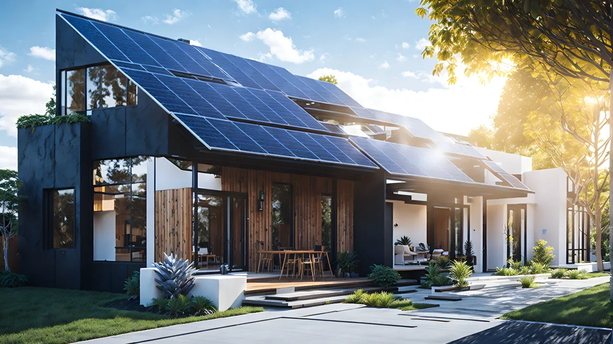 Modernes Wohnhaus mit Photovoltaikmodulen auf dem Dach im Gegenlicht der Sonne