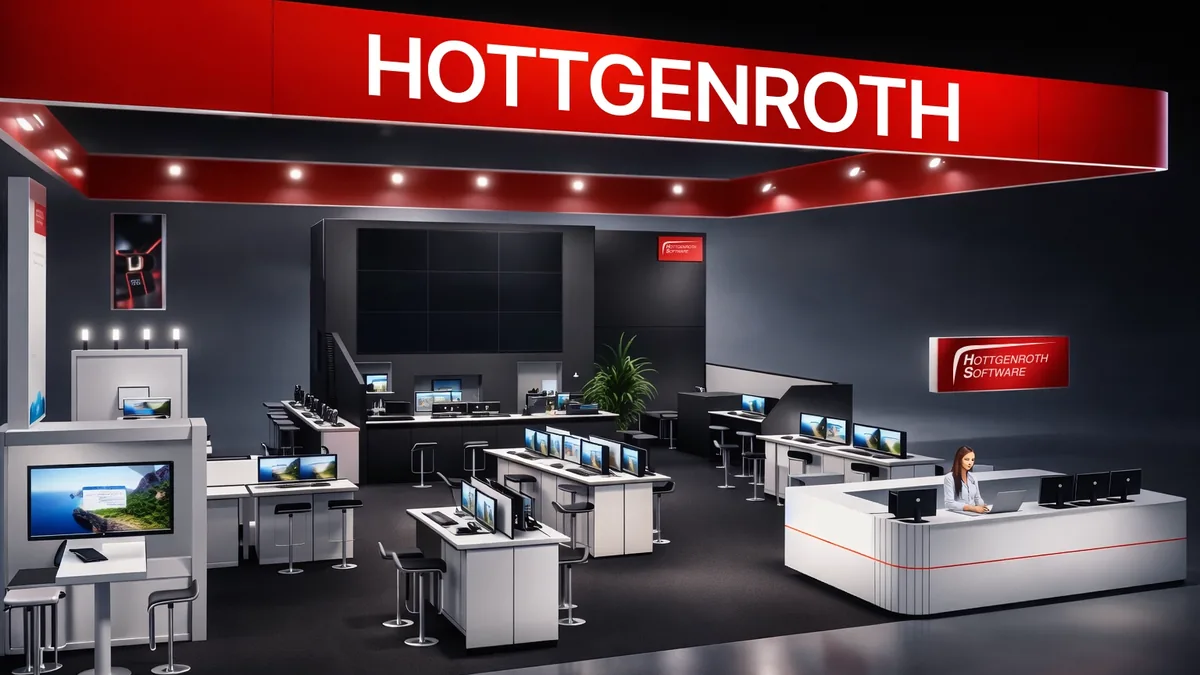 Messestand der Hottgenroth Software AG mit rotem Hottgenroth-Deckenbanner, Arbeitsplätzen mit Monitoren, Sitzhockern und einer hellen Empfangstheke